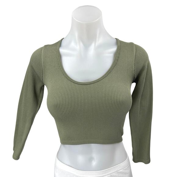 Zara Green Ribbed Knit Long Sleeve Scoop Neck Sweater T Shirt Crop Top Size XS/S - Picture 1 of 3